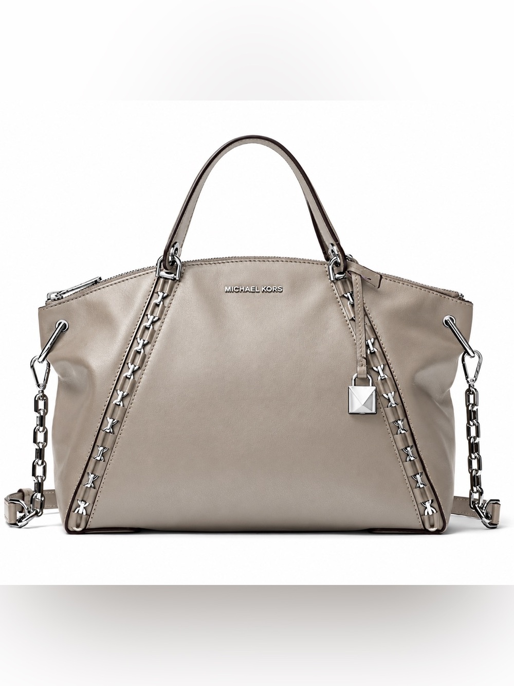 Michael Kors Sadie Leather Satchel Pearl Grey Gray Silver Chain Crossbody